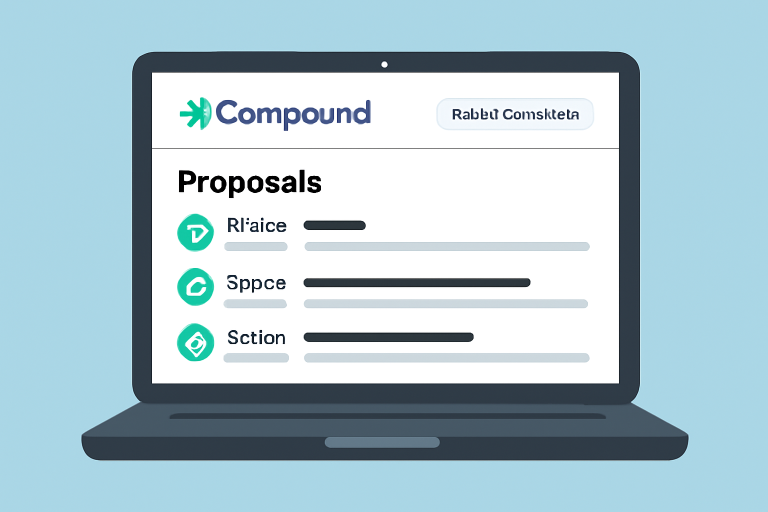 A laptop screen showing the Compound governance portal with a connected wallet and active proposals listed