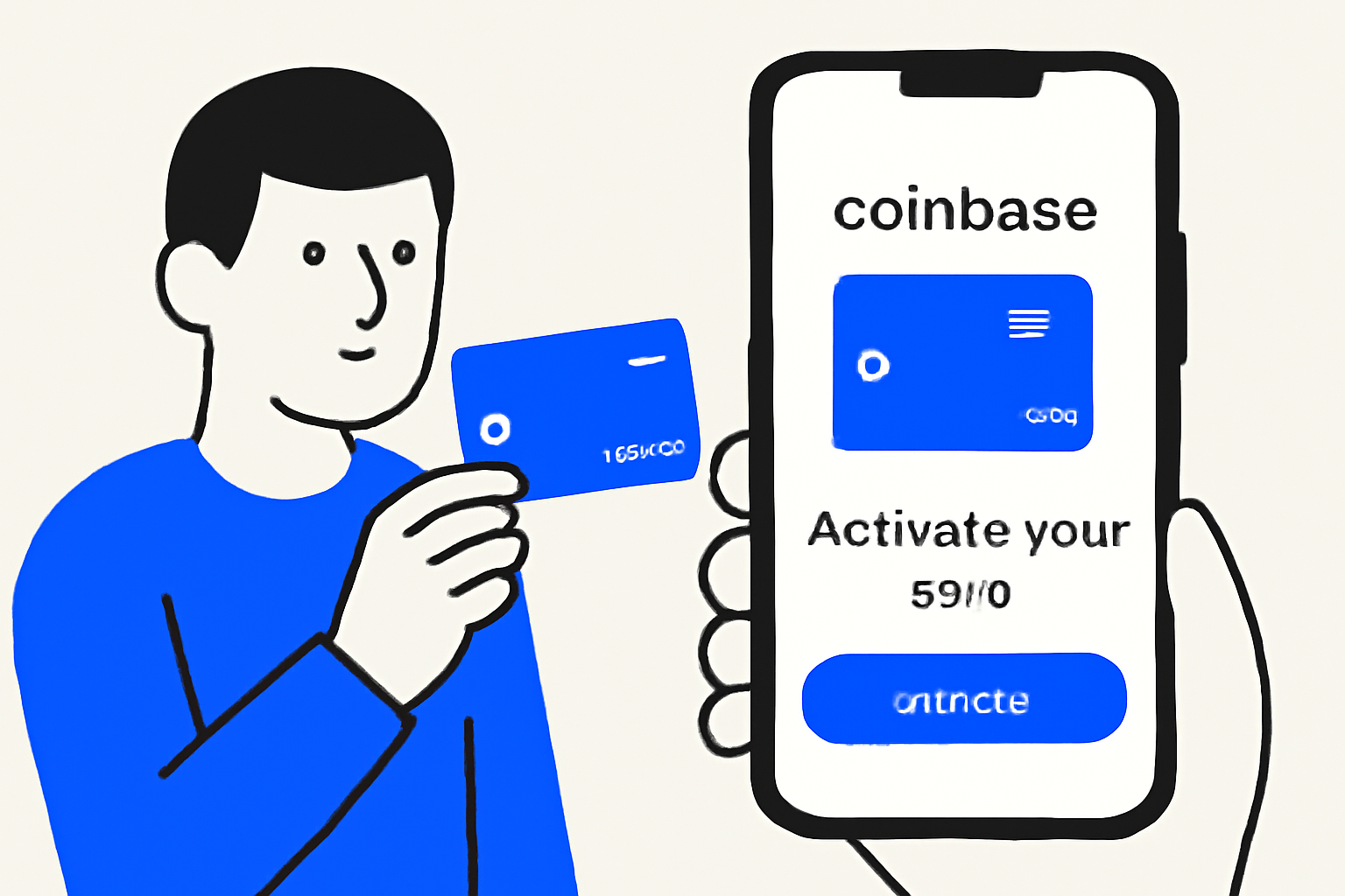 A person holding a Coinbase Card next to a smartphone showing the Coinbase app activation screen, modern and simple style