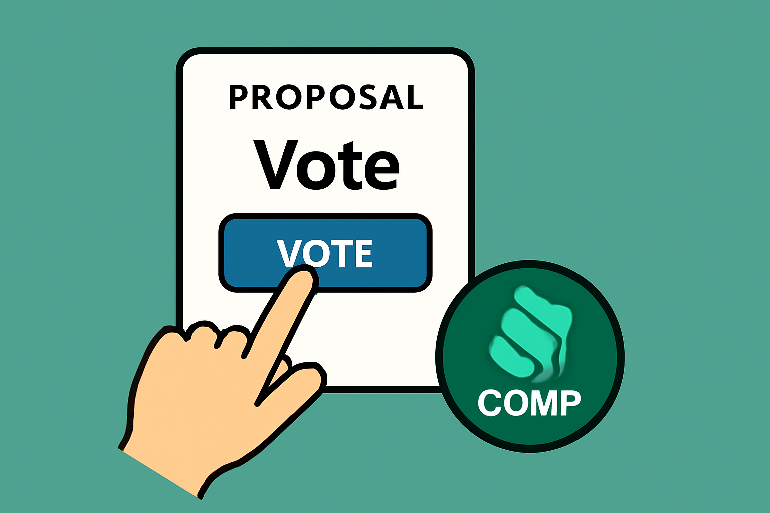 A hand clicking a 'Vote' button on a Compound governance proposal, with COMP tokens symbolically highlighted
