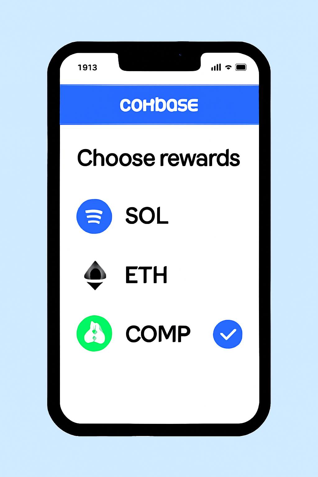A phone screen with the Coinbase app open, displaying COMP token as the selected rewards option, with a checkmark