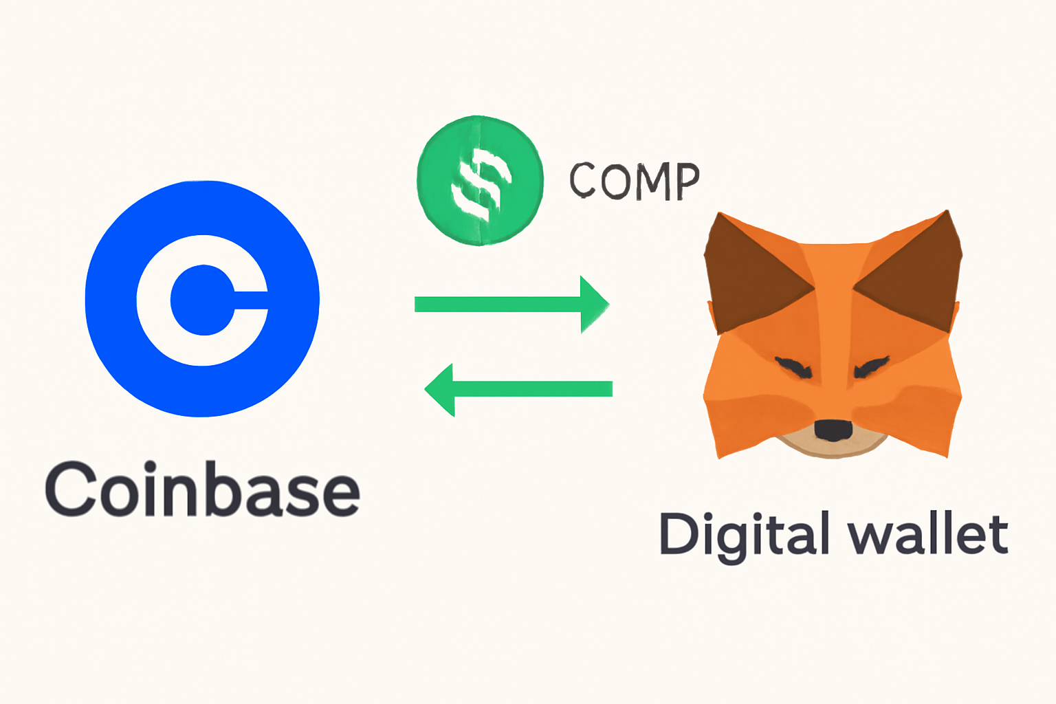 A digital wallet (MetaMask) receiving COMP tokens from a Coinbase account, with arrows indicating the transfer