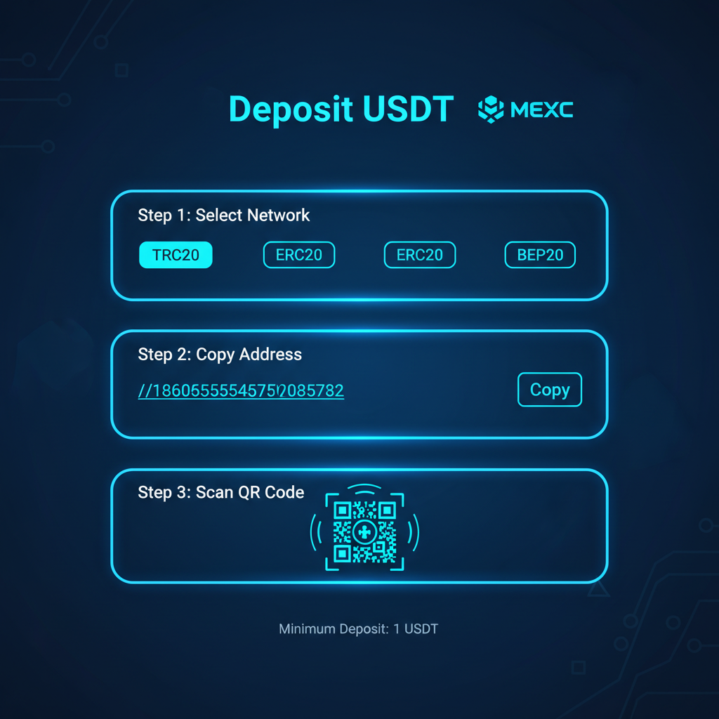 MEXC crypto exchange USDT deposit screen glowing neon blue vibrant interface