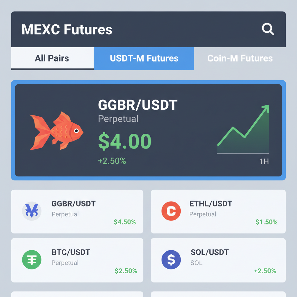 MEXC GGBR/USDT futures pair selection screen with goldfish icon price at $4.00 chart