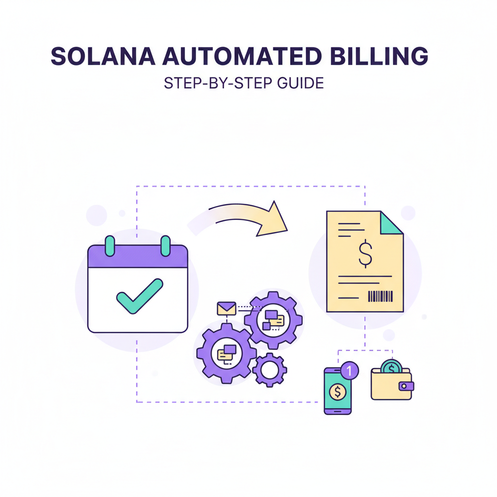 Automated billing cycle on Solana blockchain, calendar icons, invoice generation, gears turning