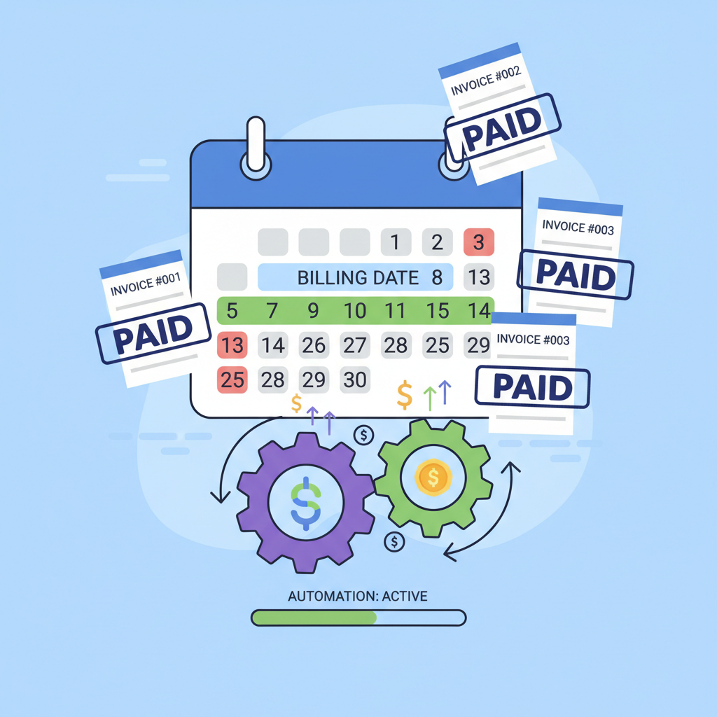 Calendar with automated billing cycles, gears turning on Solana blockchain, invoice stamps