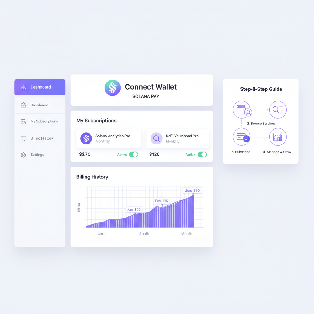 User dashboard for Solana SaaS subscriptions, wallet connect, charts of billing history, modern UI