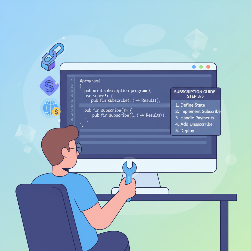 Solana developer writing Anchor smart contract code for subscriptions, Rust syntax, blockchain icons, clean code editor