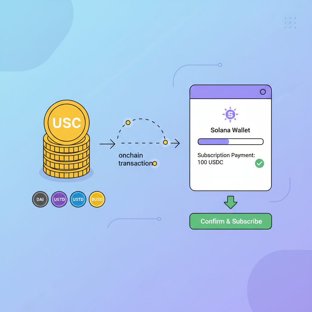 USDC tokens flowing into Solana wallet for subscription payment, stablecoin icons, onchain transaction animation