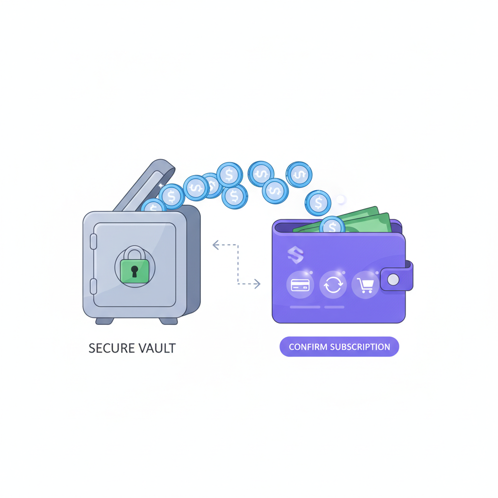 USDC tokens flowing into Solana wallet, subscription payment icons, secure vault interface