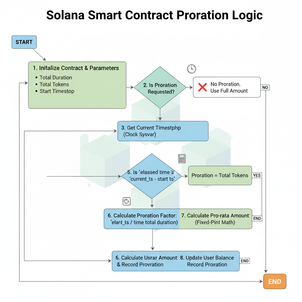 Flowchart of proration logic in Solana smart contract, clock sysvar, math calculations, blockchain nodes
