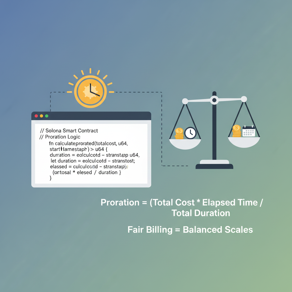 Smart contract code snippet with proration math formulas, Solana clock icon, balanced scales for fair billing