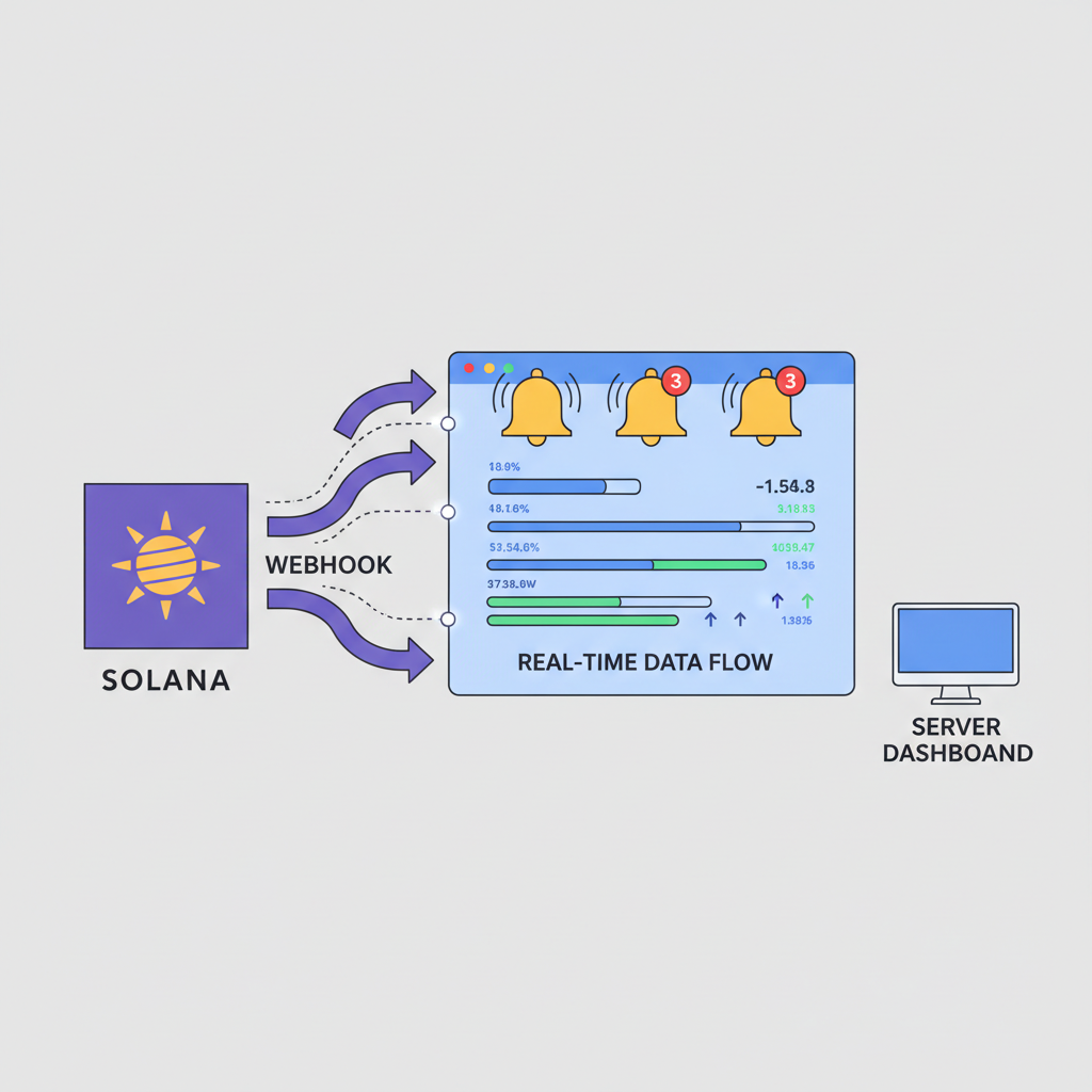 Webhook arrows from Solana to server dashboard, notification bells, real-time data flow