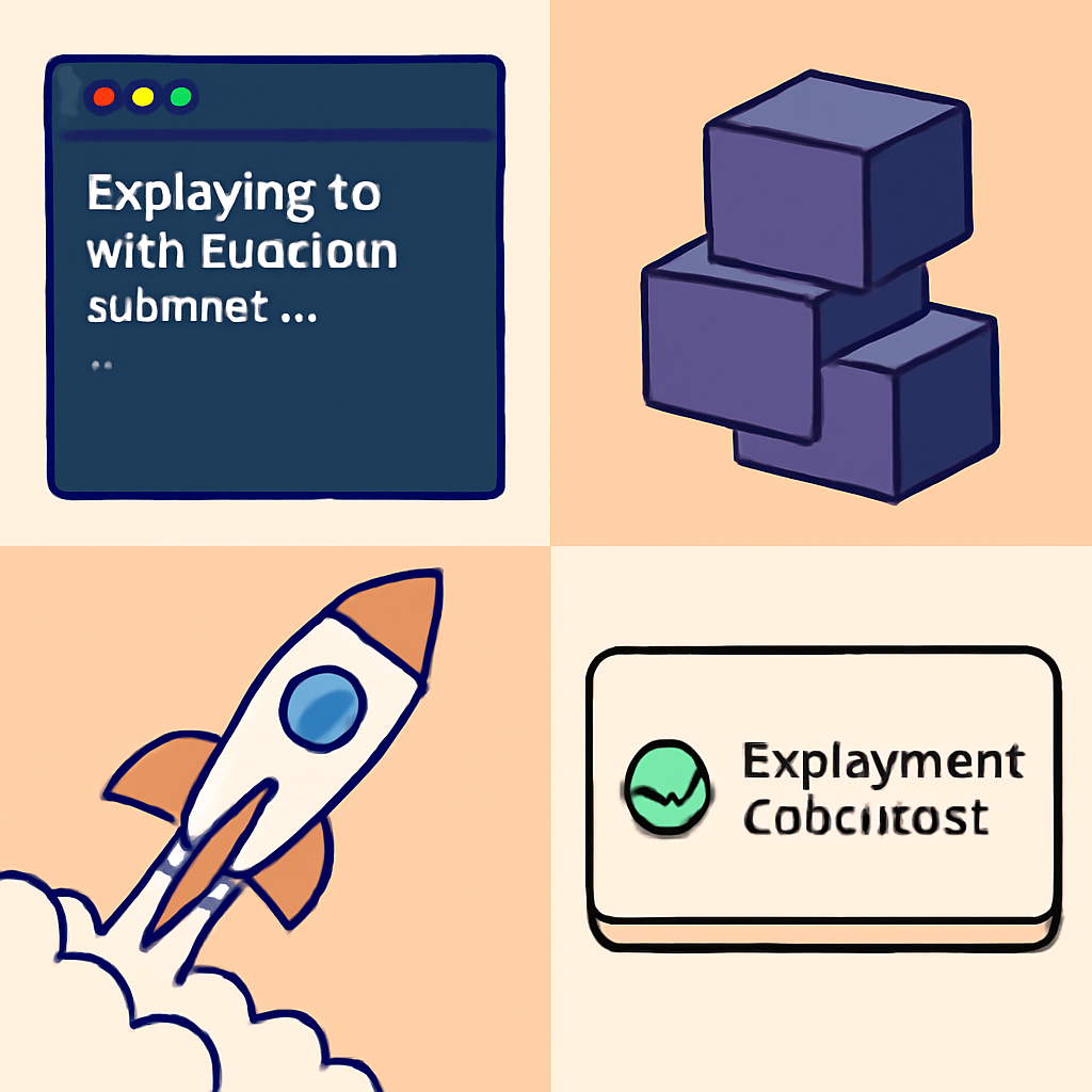 command line deploying to Starknet testnet, blockchain blocks stacking, rocket launch animation, success confirmation