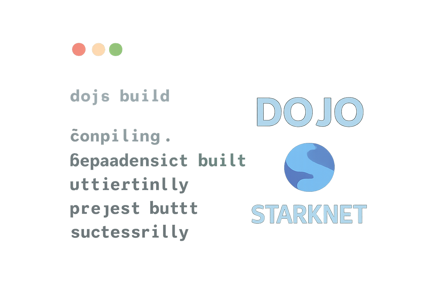 terminal window executing 'dojo build' command, code compiling successfully, Starknet and Dojo logos glowing, dark theme