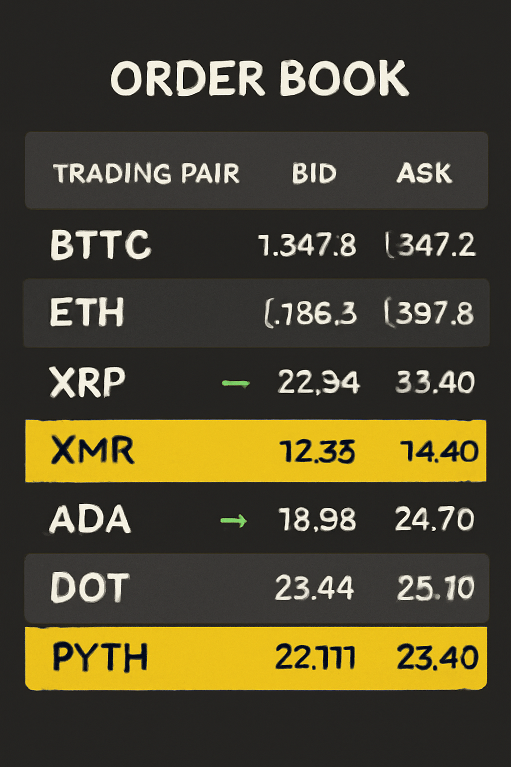 A digital order book interface displaying multiple trading pairs, with highlighted $XMR and $PYTH, and real-time bid/ask updates.