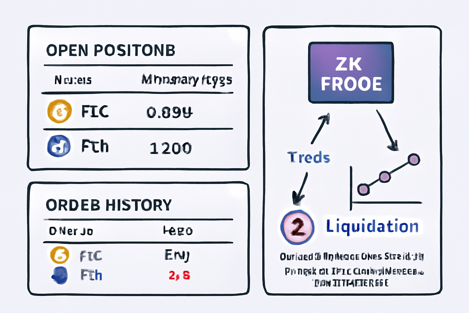 A dashboard showing open positions, order history, and a visual representation of ZK proofs verifying trades and liquidations.