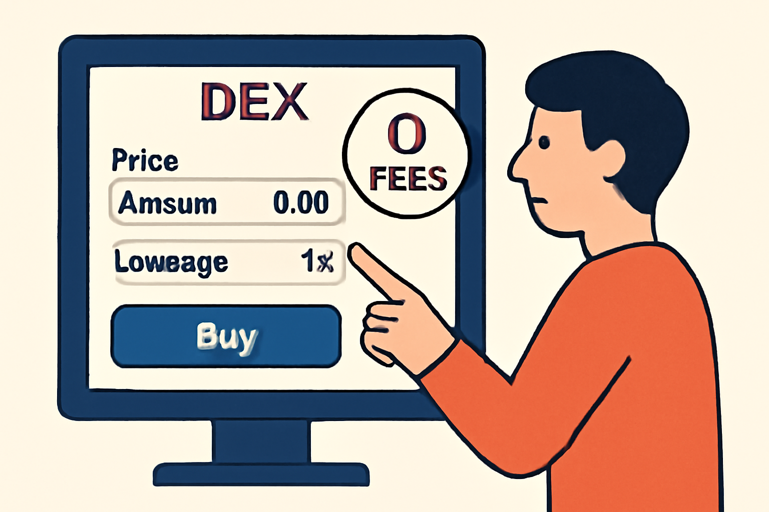 A trader inputting order details (price, amount, leverage) into a DEX interface, with a visual confirmation of zero fees.