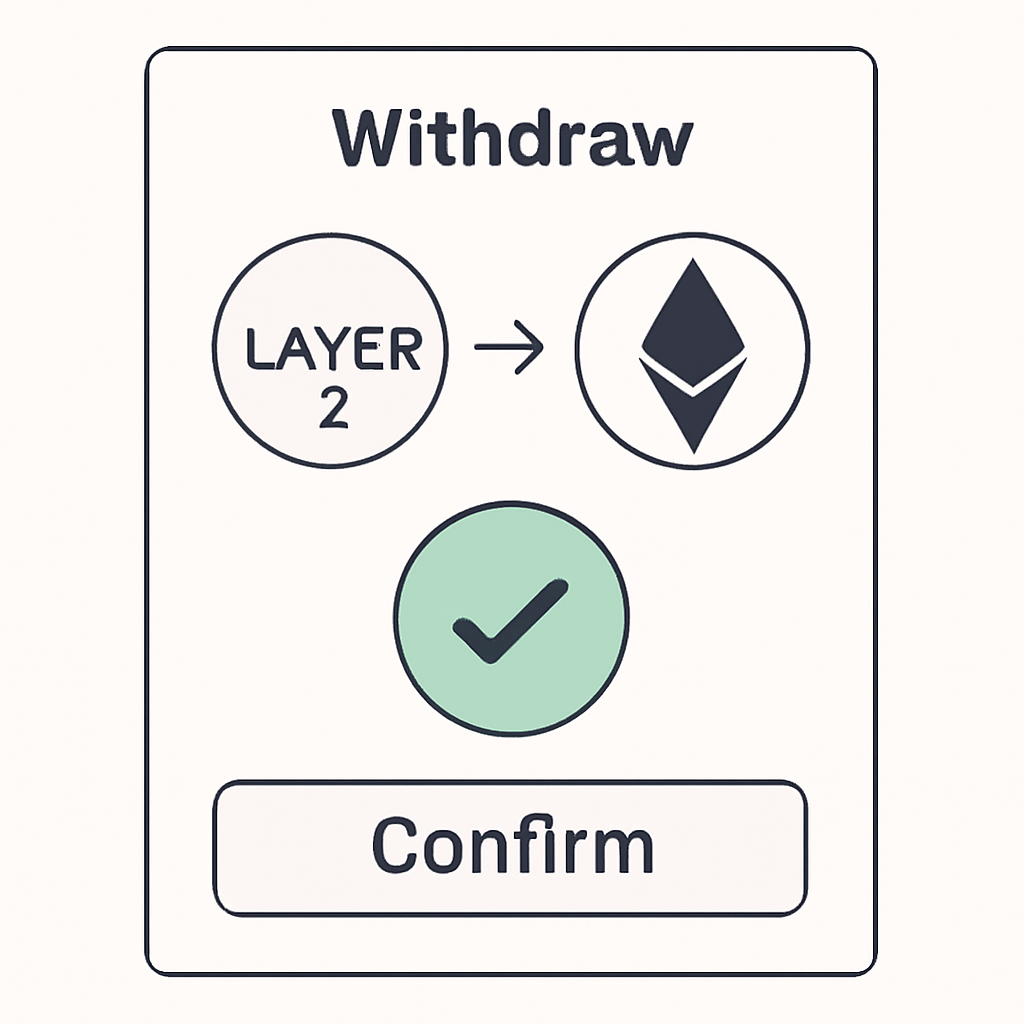 A withdrawal interface showing funds moving from Layer 2 back to Ethereum mainnet, with a confirmation checkmark.