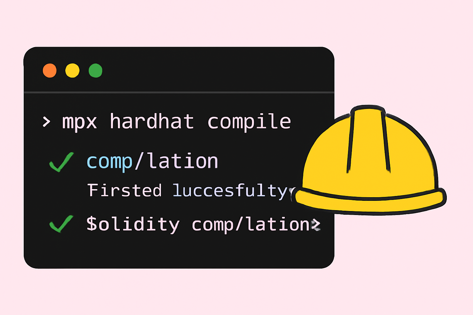 hardhat compile command in terminal outputting success, green checkmarks, solc compiler visualization