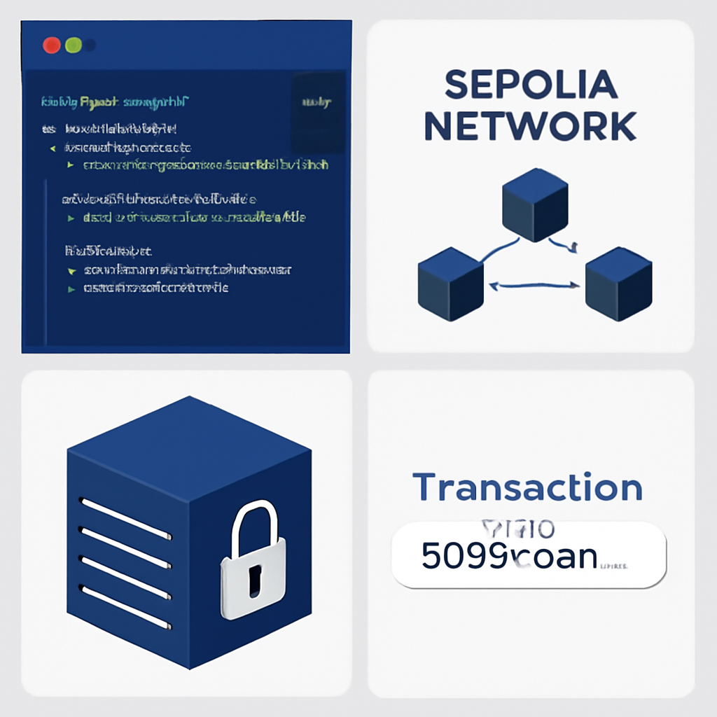 deployment script in vs code, sepolia network diagram, blockchain block with lock icon, transaction hash