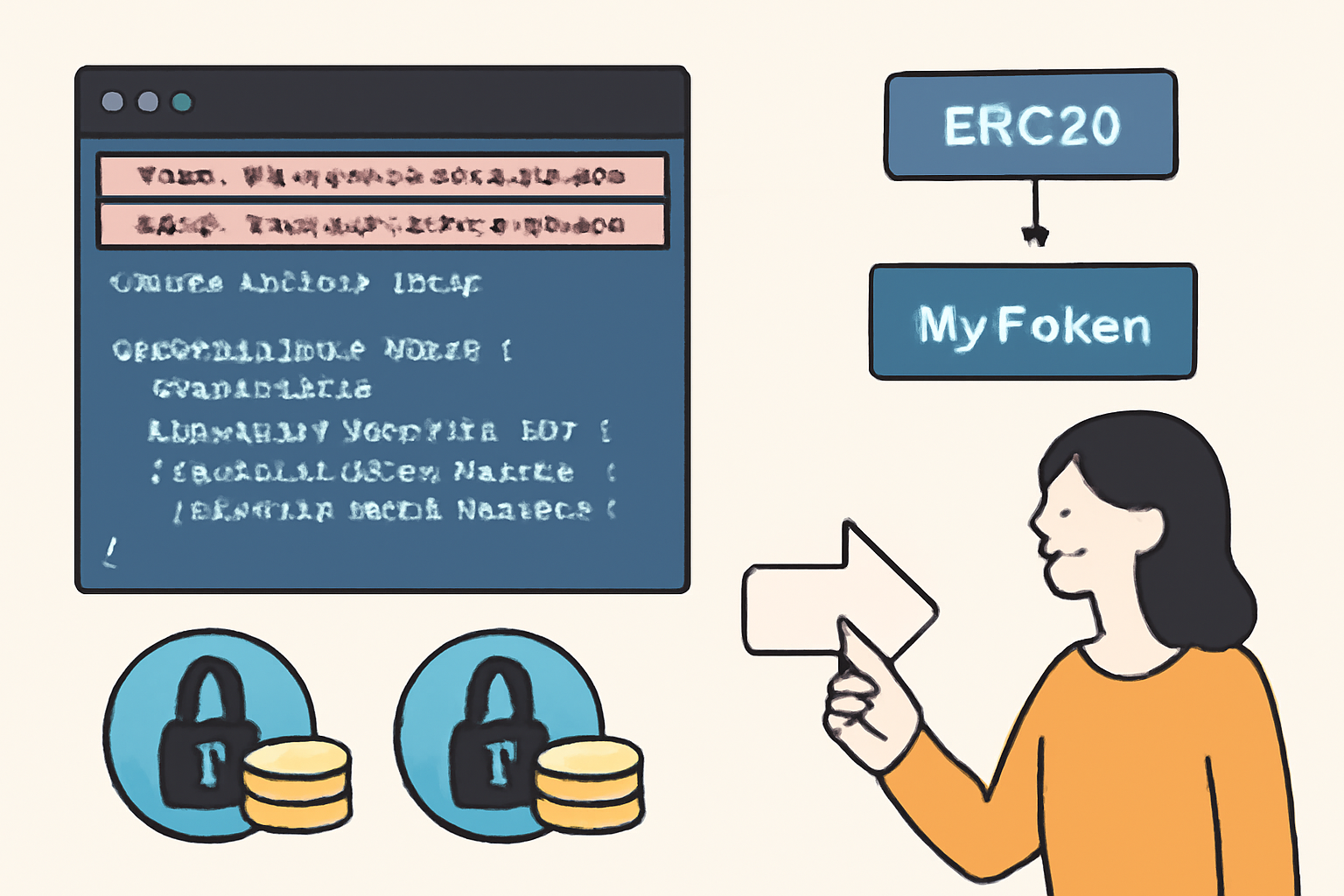 solidity code editor with fhevm imports highlighted, erc20 contract inheritance diagram, encrypted token icons