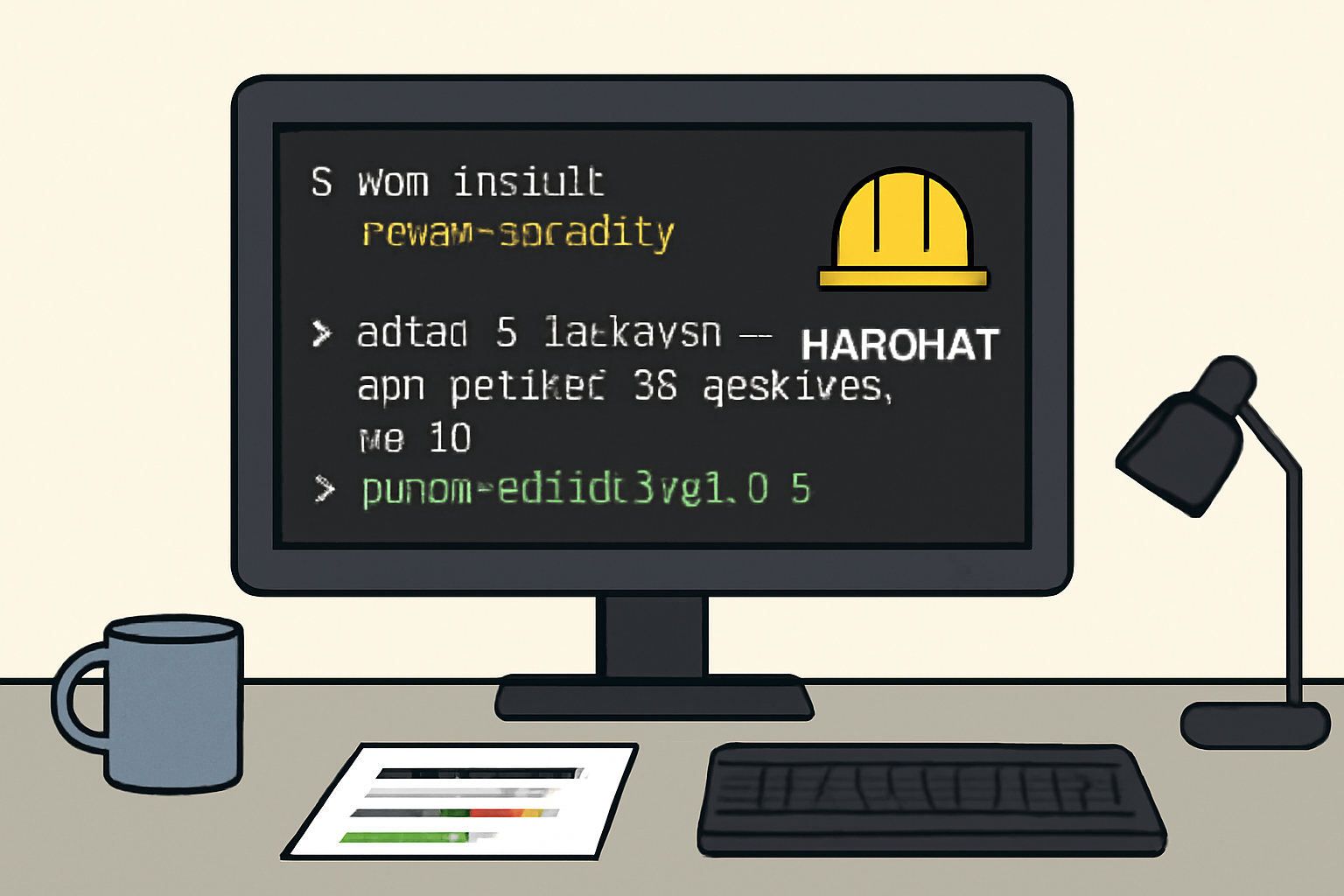 terminal window running npm install for fhevm solidity library, hardhat logo, code syntax highlight, clean developer desk