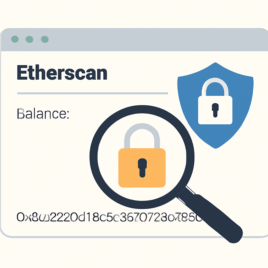 etherscan page showing bytes32 encrypted balance, magnifying glass over lock, privacy shield badge