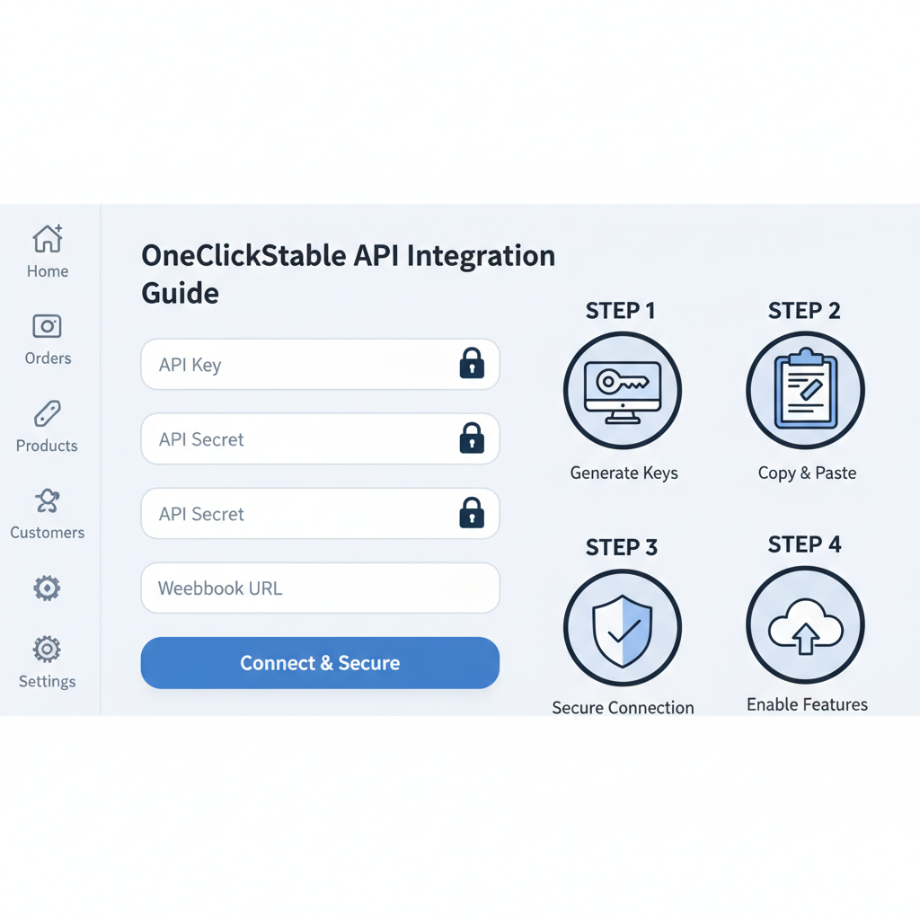 Shopify admin panel with API key input fields for OneClickStable, secure lock icons, modern dashboard UI