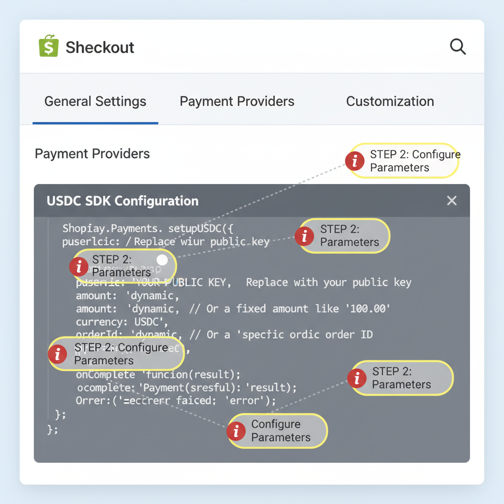 shopify checkout settings panel, javascript config code for USDC SDK, parameters highlighted
