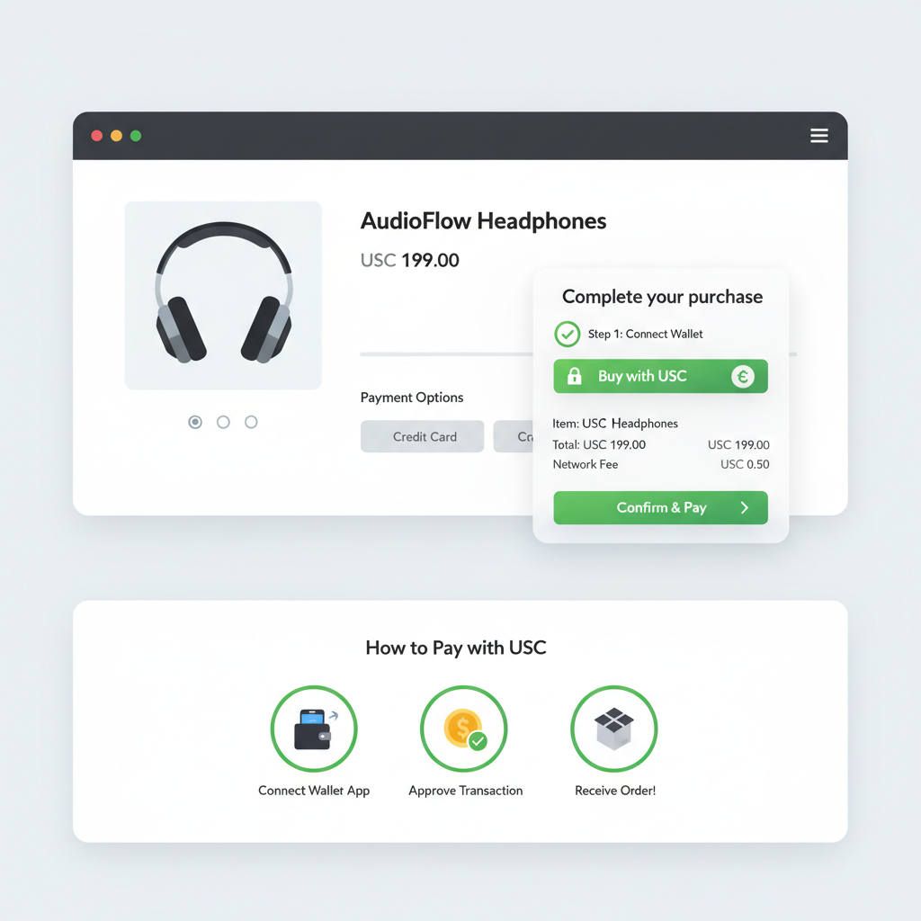 shopify product page with custom USDC payment button, sleek crypto checkout UI, green buy now style