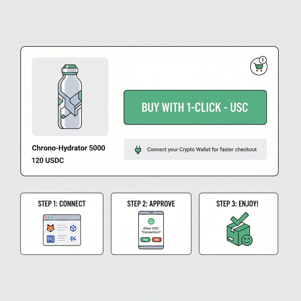 Shopify product page with embedded green USDC one-click checkout button, cart icon, crypto wallet connection hint