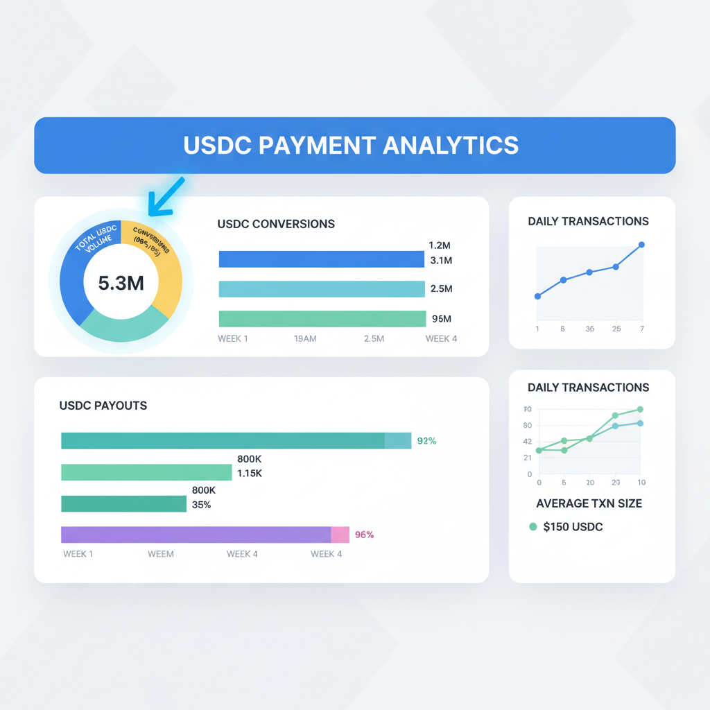 analytics dashboard showing USDC payment metrics, graphs of conversions and payouts, professional charts