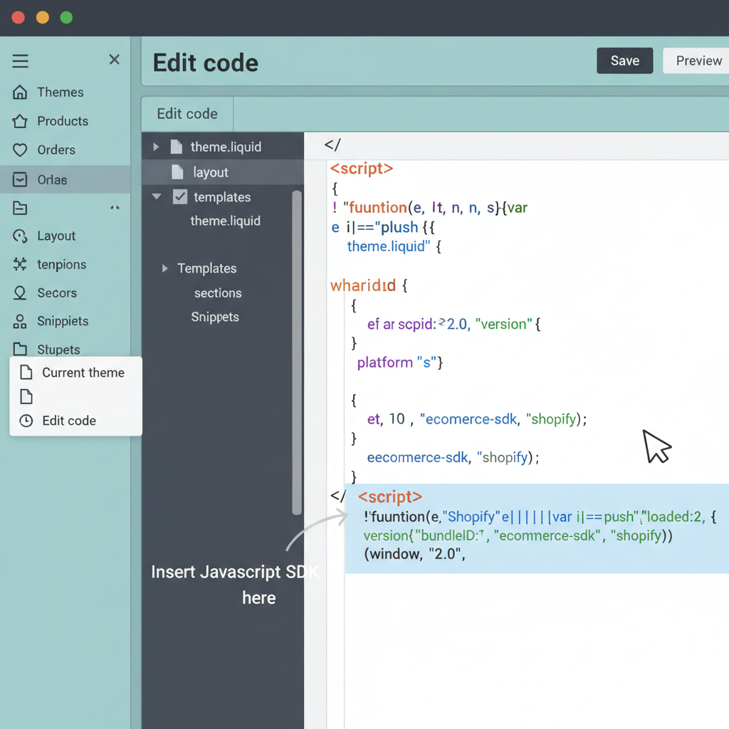 shopify theme editor code snippet, inserting javascript SDK script, code highlighting, ecommerce interface