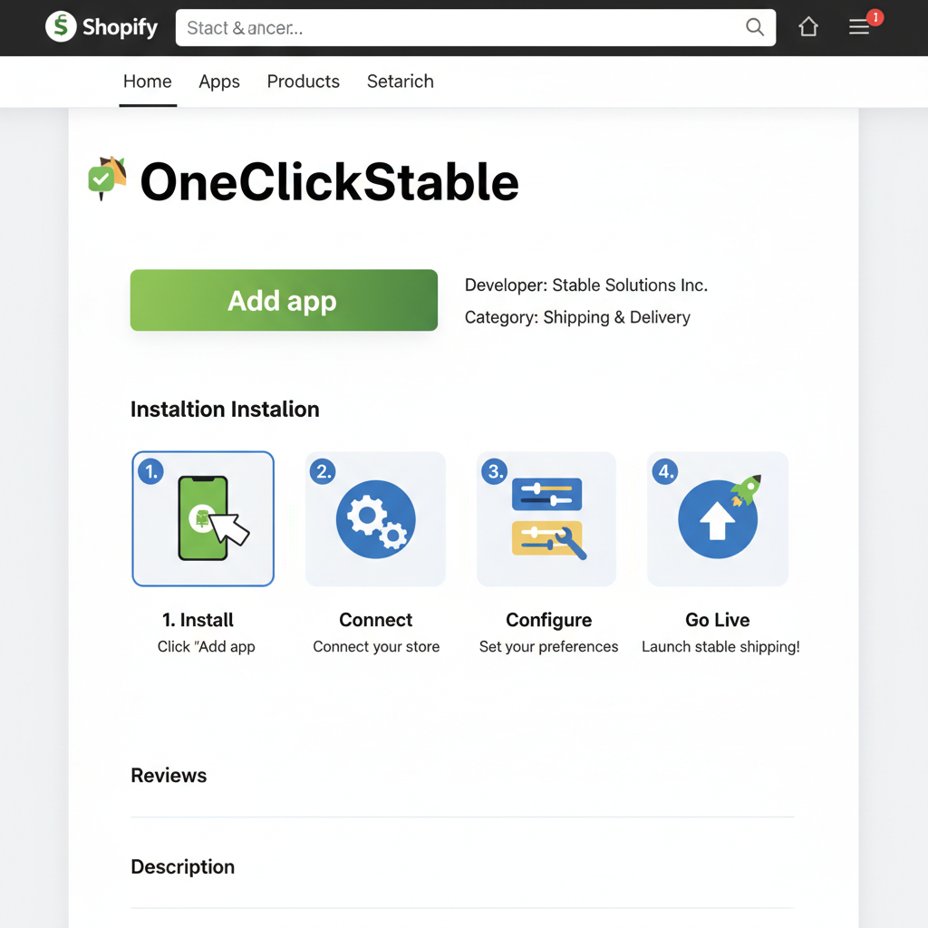 Shopify app store screen showing OneClickStable app installation button, clean interface, professional e-commerce theme