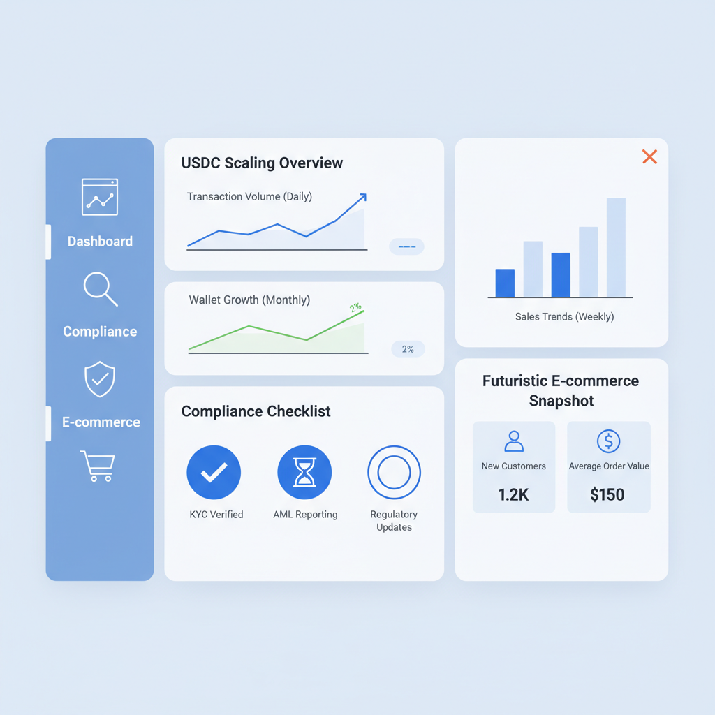 enterprise dashboard overview, USDC scaling graphs, compliance checklist icons, futuristic ecommerce