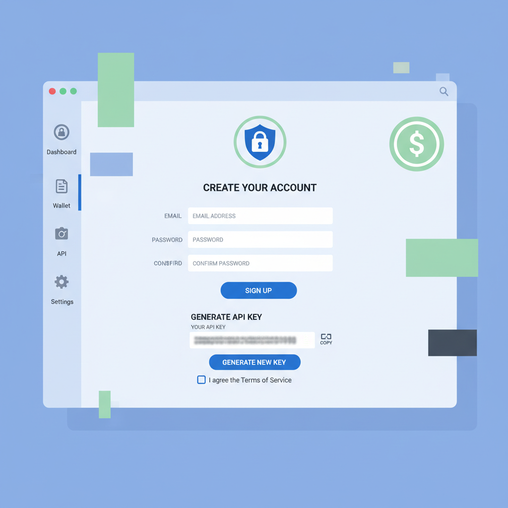 signup form on modern dashboard, API key generation screen, crypto stablecoin theme, secure lock icon