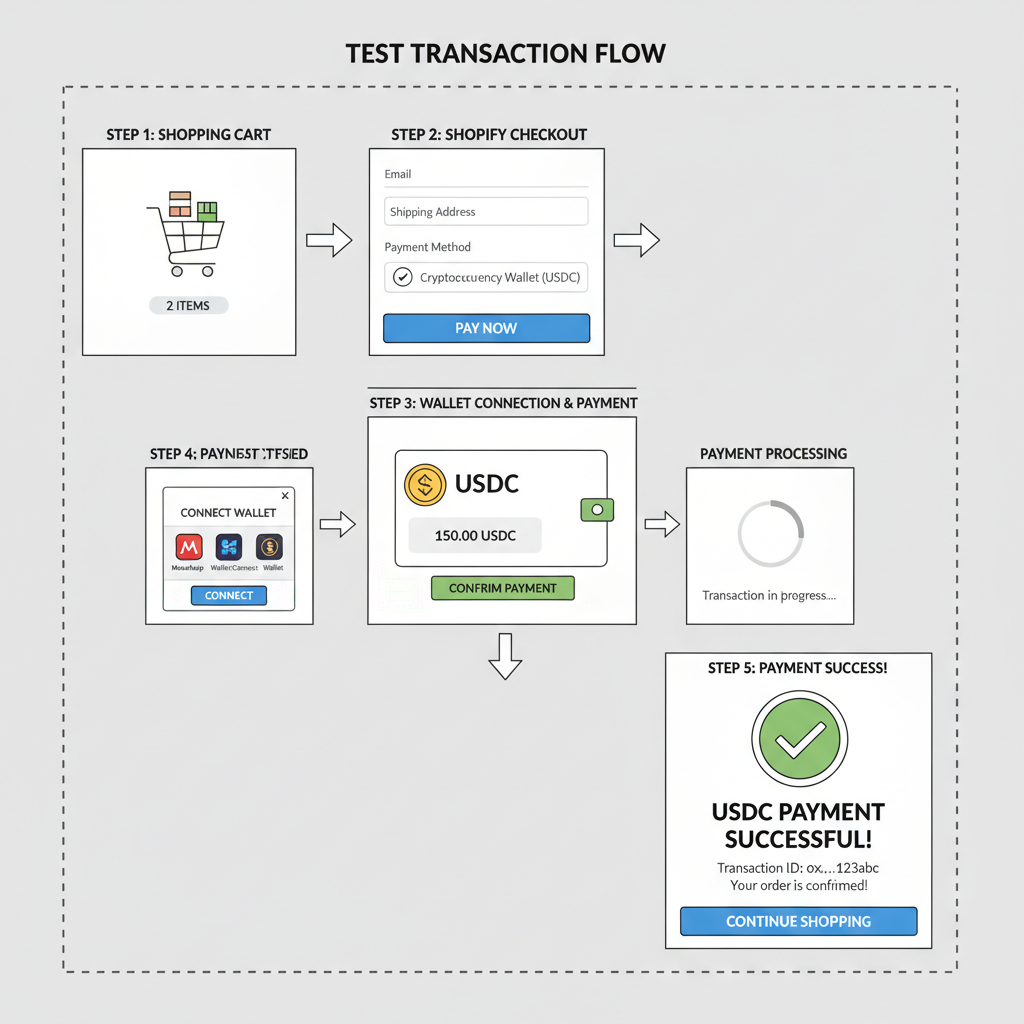 shopify checkout simulation, USDC wallet payment success screen, test transaction flow diagram
