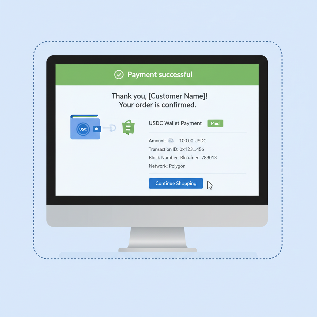 Wallet connection test on Shopify checkout with USDC payment success screen, test transaction details visible