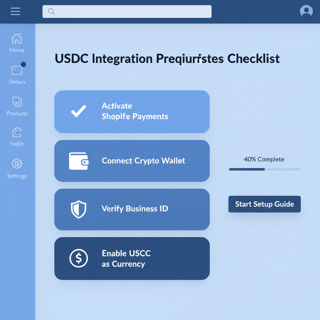 professional shopify admin dashboard, prerequisites checklist for USDC integration, clean UI, blue tones