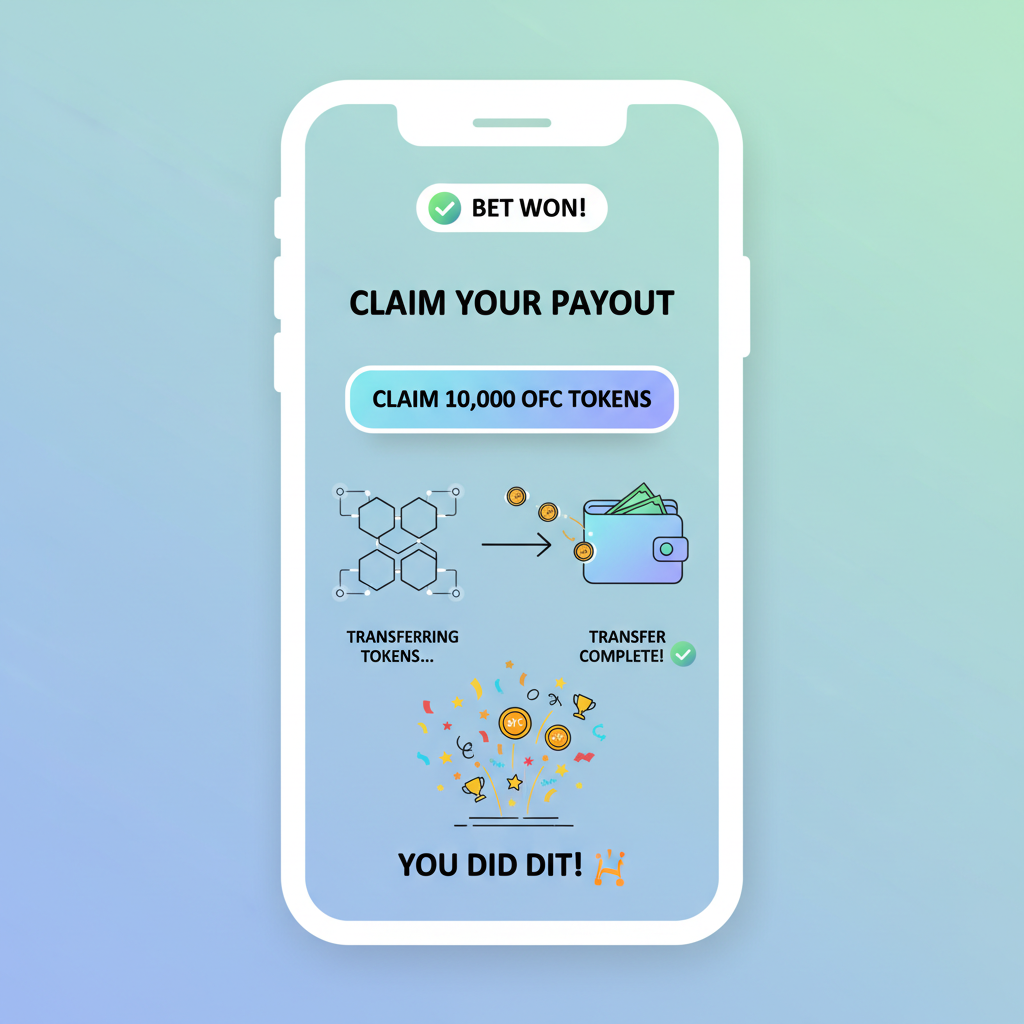 app notification of winning bet, claiming OFC payout from smart contract, tokens transferring, celebration graphic --ar 16:9