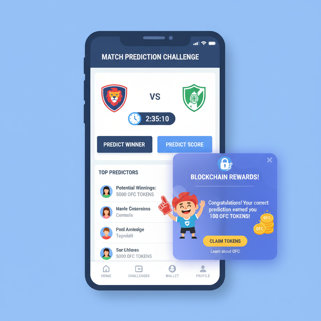 mobile app interface showing match prediction challenge, earning OFC tokens, excited fans, blockchain rewards popup --ar 16:9