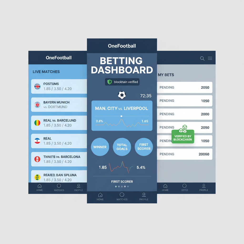 OneFootball app betting dashboard with soccer matches listed, live odds, blockchain verification badge --ar 16:9