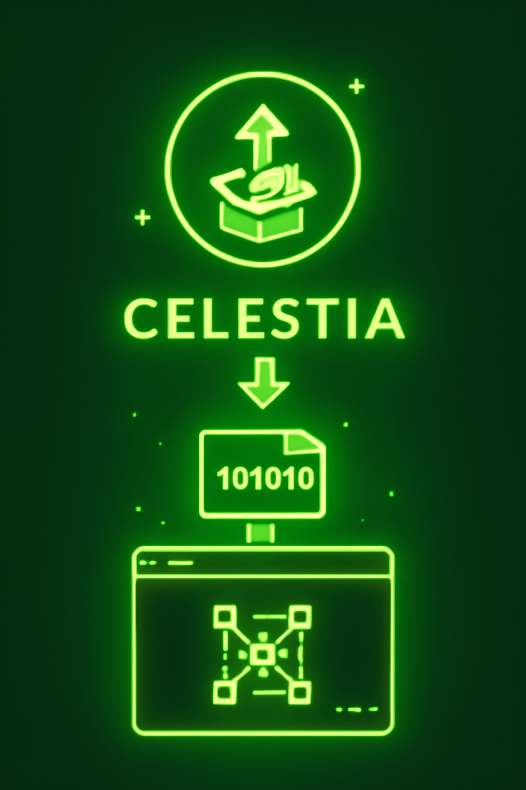 /celestia matcha upgrade download glowing binary file futuristic blockchain node terminal neon green