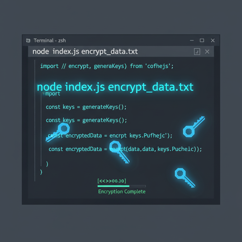 developer terminal encrypting data with cofhejs library, glowing blue encryption keys, code snippets visible