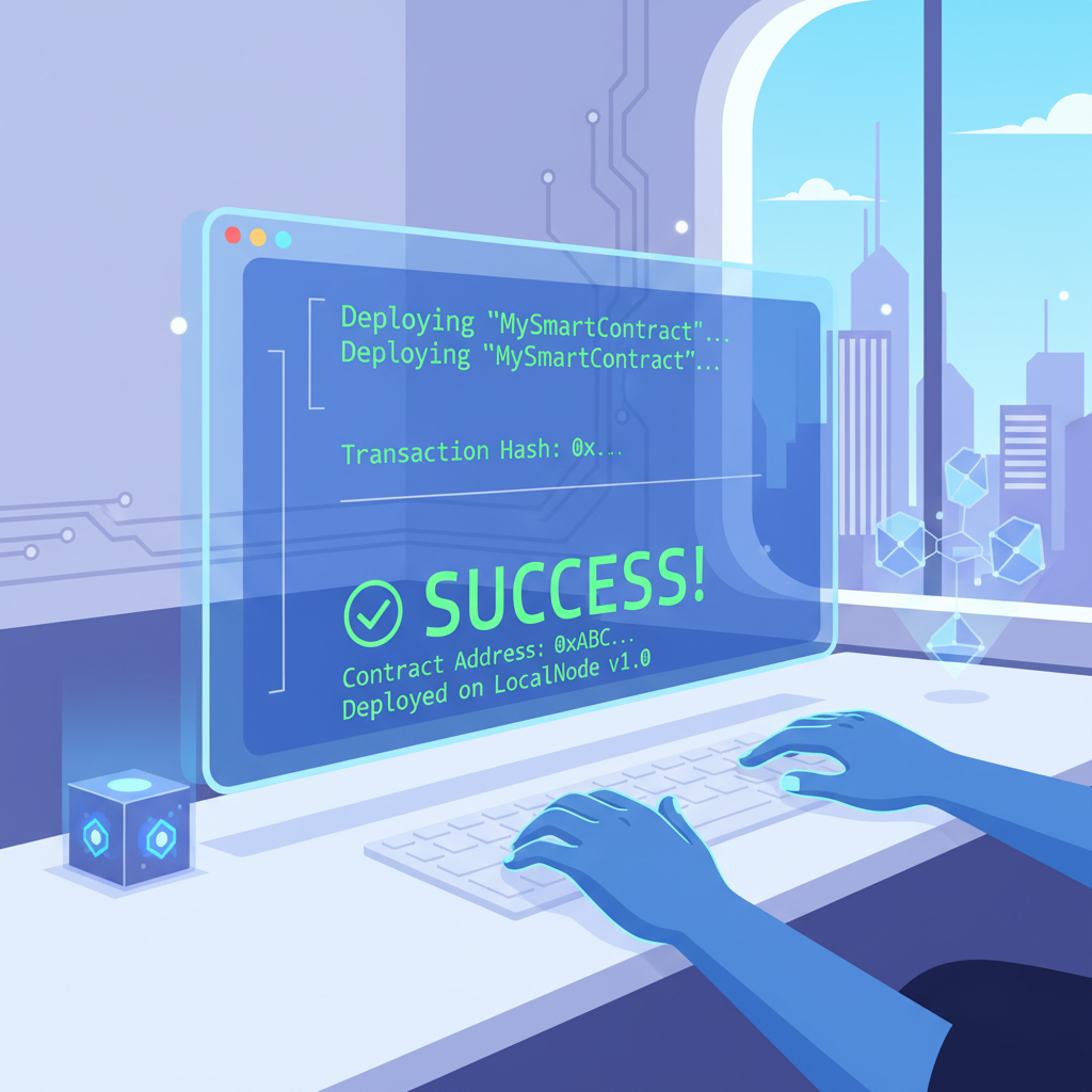 terminal deploying smart contract on local blockchain node, success message, futuristic dev setup