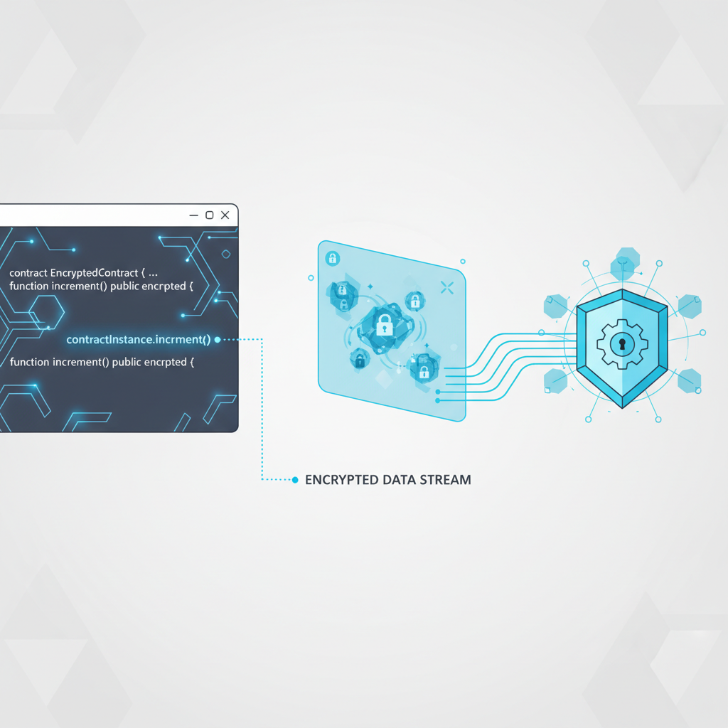 code editor calling increment on encrypted smart contract, data flowing encrypted, holographic UI