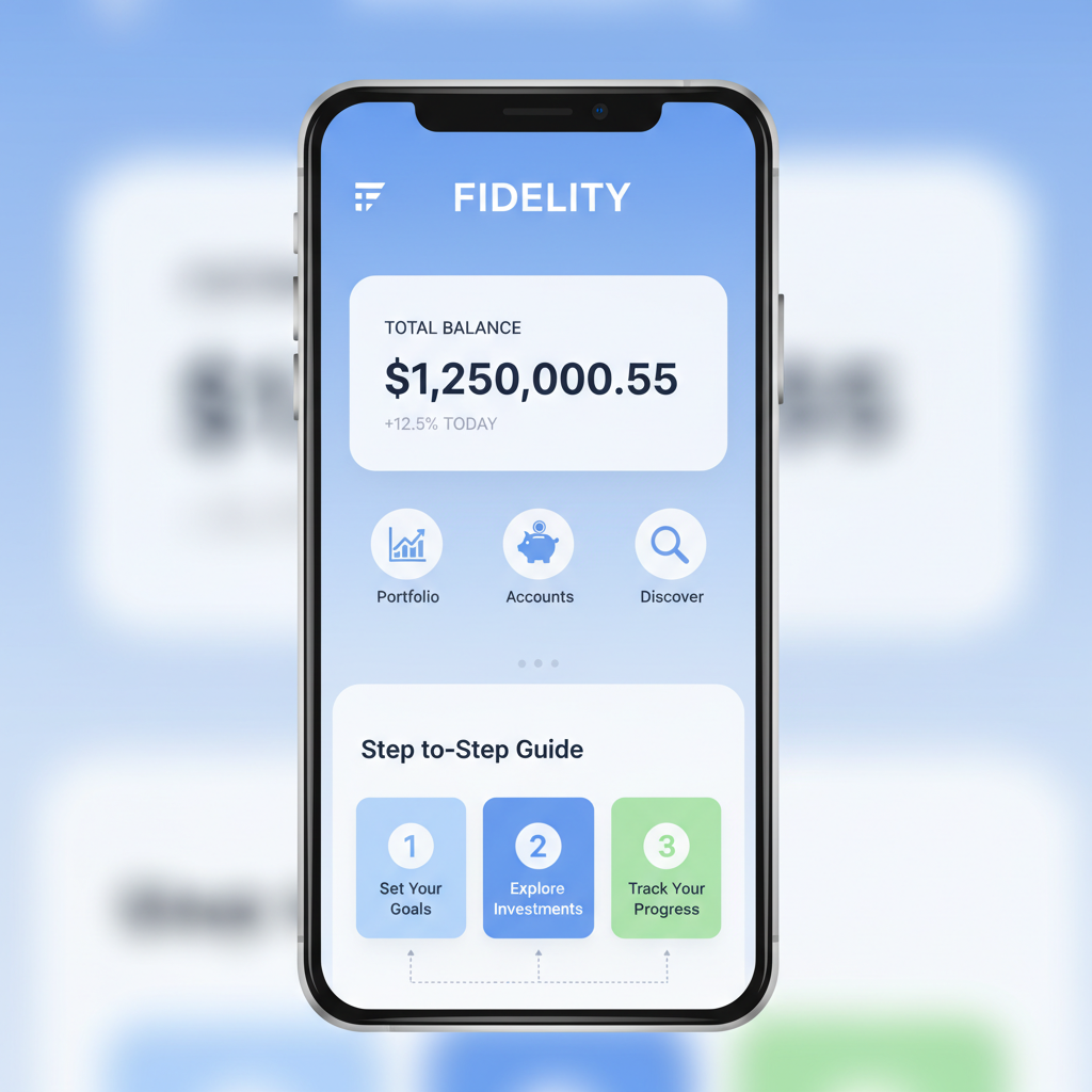 smartphone displaying Fidelity investment app homepage, clean blue interface, modern financial tech style