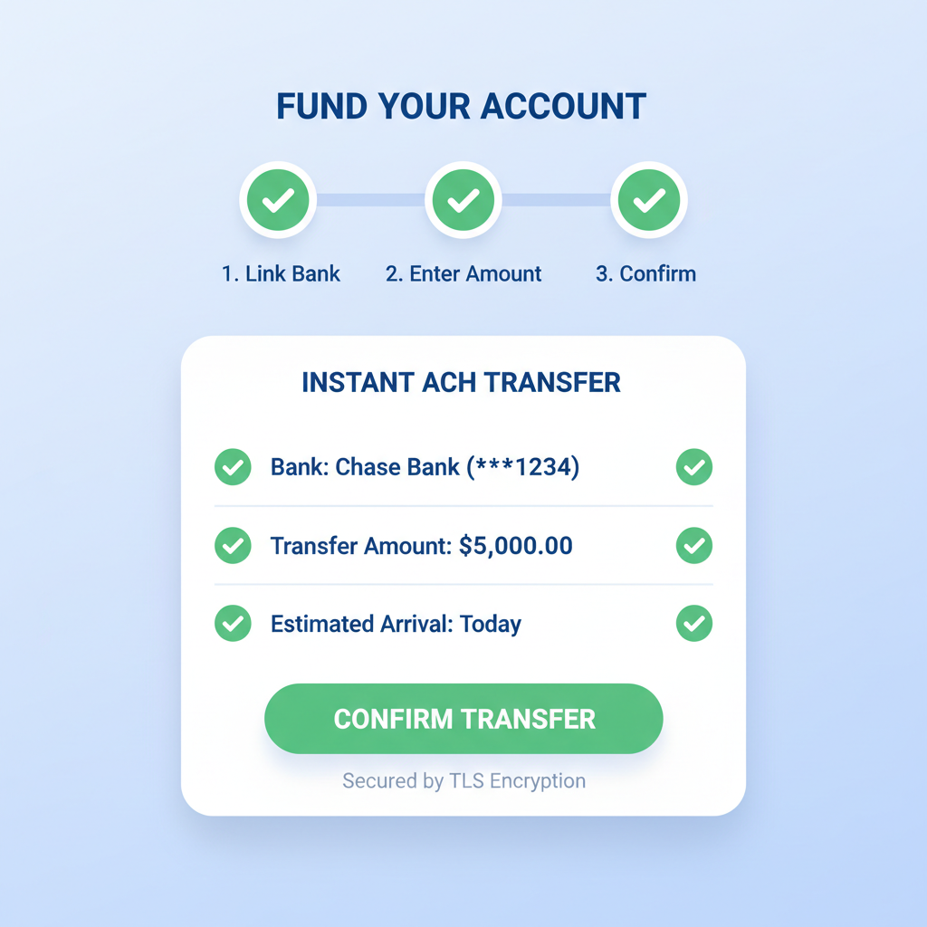 bank transfer screen on brokerage app, ACH funding setup, green checkmarks, simple secure interface