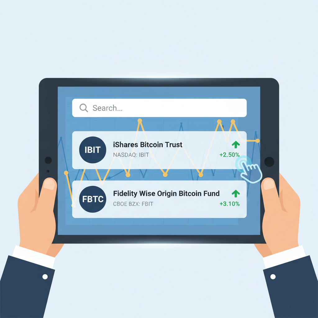 brokerage app search results showing IBIT and FBTC tickers, bitcoin chart background, professional finance UI