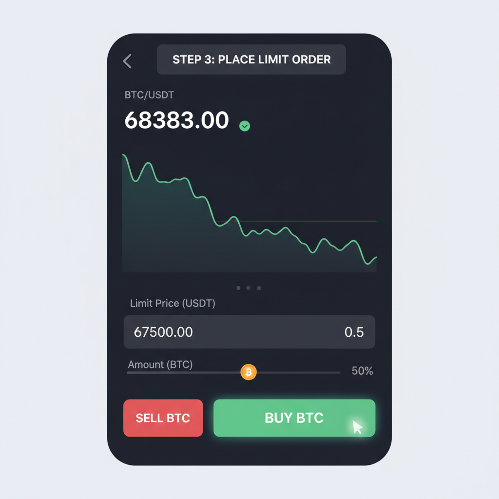 placing limit order on trading app, price chart with BTC at 68383, green buy button, sleek dark mode